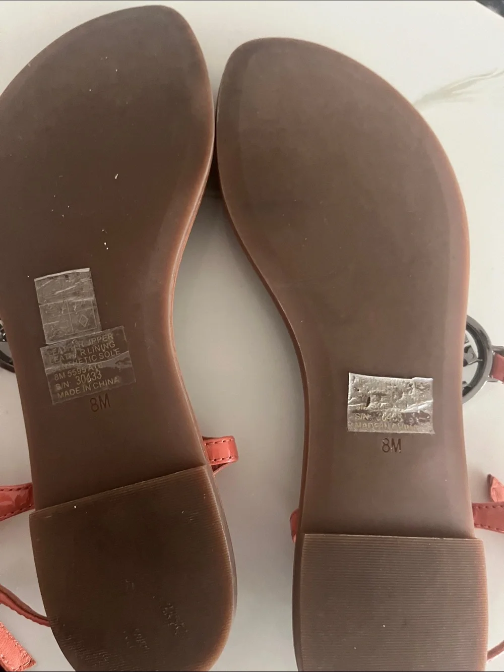 Tory Burch Coral Patent T-Strap Sandals with Logo Disc